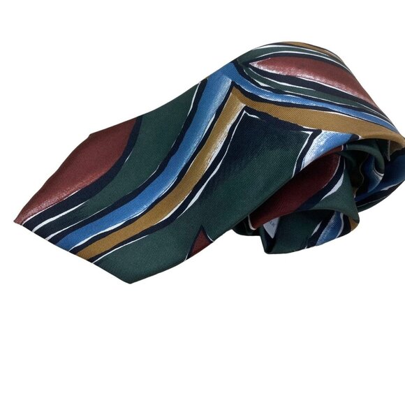 Pierre Cardin Men's Silk Tie Geometric Pattern Green Blue Brown Vintage - Picture 1 of 16